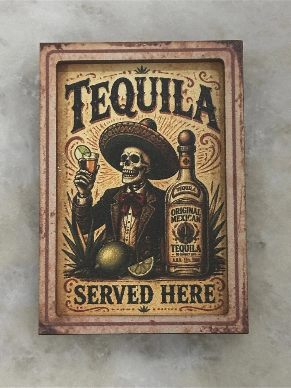 Tequila Served Here Vintage Skeleton Magnet Brown & Gold
